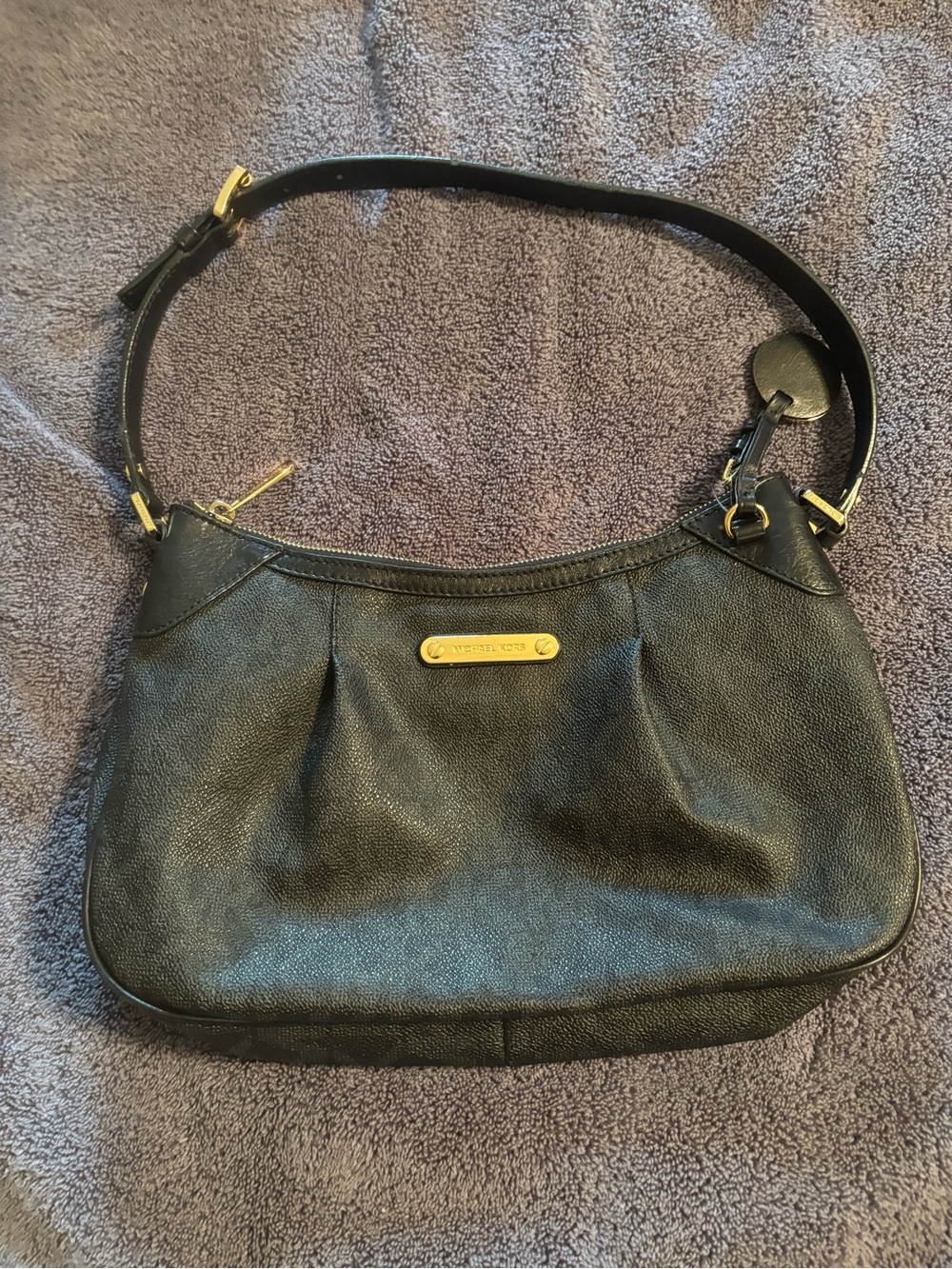 Michael Kors Black Leather Shoulder Hobo with Gold Plaque